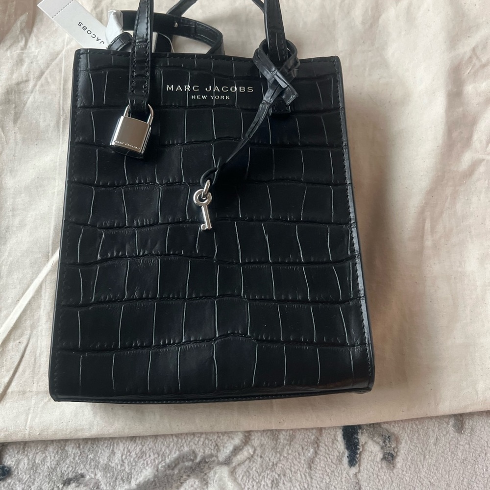 Marc Jacobs Black Croc-Embossed Mini Bag with Silver Accents